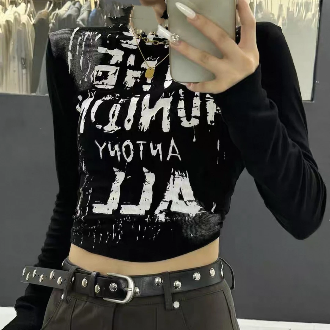 洁哥 新品美式复古印花显瘦上衣