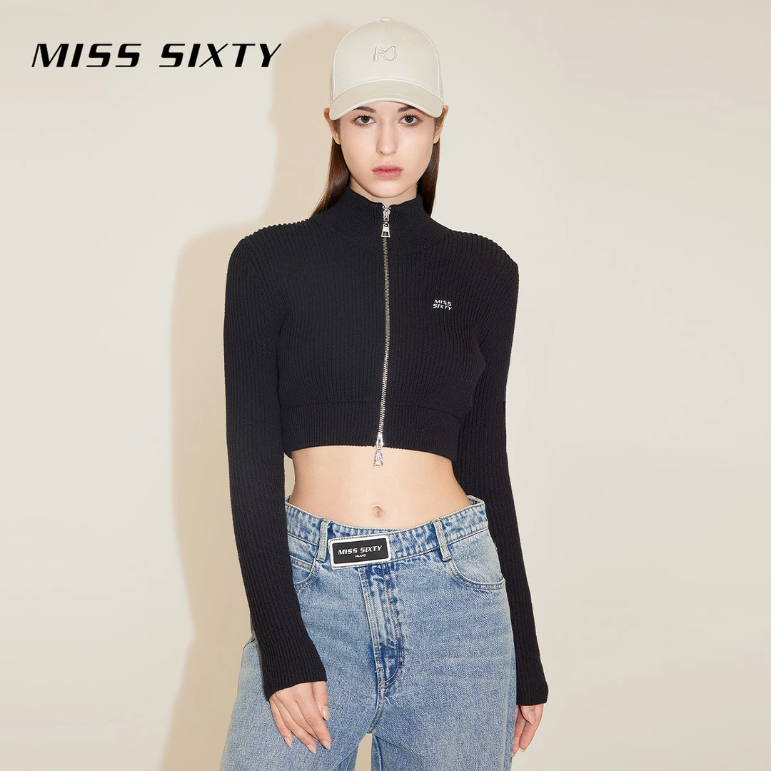 Miss Sixty2024春季新款毛织外套女双头拉链短款简约百搭显瘦纯色