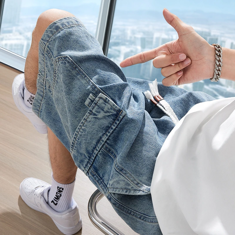 工装牛仔短裤男夏季欧美高街大口袋五分裤宽松直筒百搭运动中裤潮