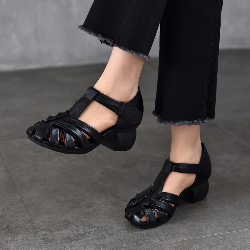 【明星同款】小码34码2025夏季新款包中空包跟凉鞋女粗跟中跟真皮罗