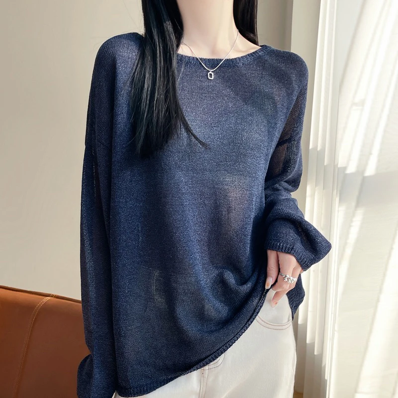 DY581已开价 和纸纱一字领微透宽松防晒衫长袖外穿针织衫春夏上衣