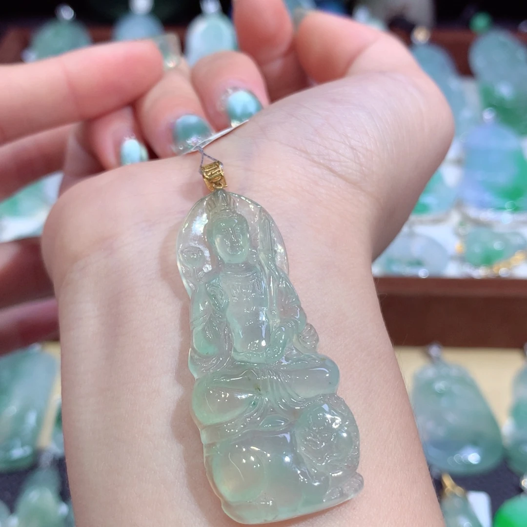 翡翠18K金镶嵌吊坠(不含链)天然缅甸A货翡翠揭阳工文殊菩萨
