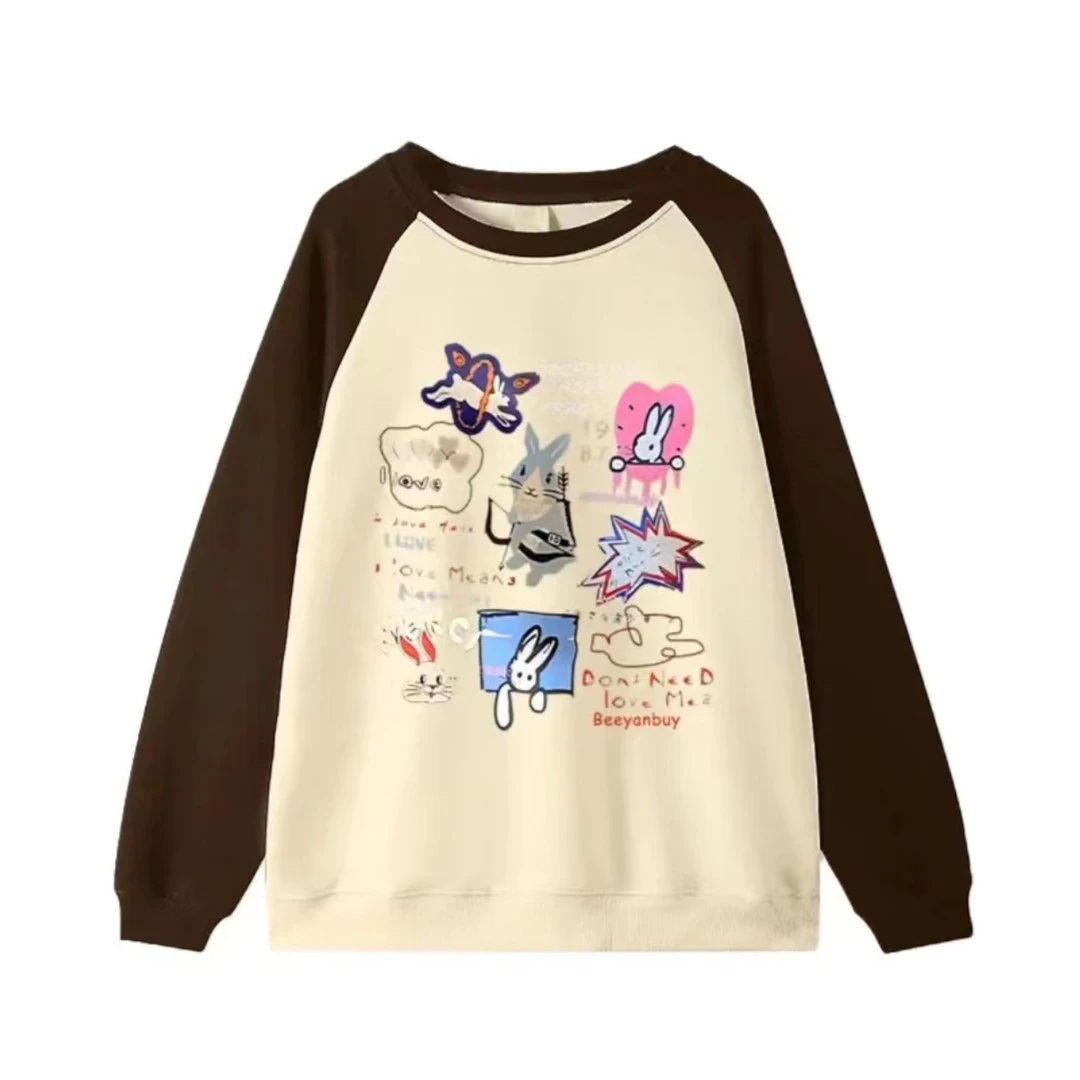 秋季新款韩版慵懒风洋气减龄撞色插肩印花卫衣圆领宽松23246