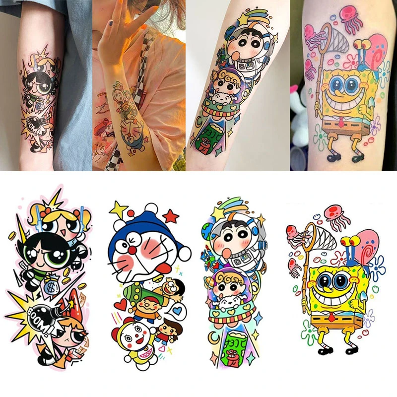 卡通拼接花臂彩色纹身贴防水逼真持久男女可爱潮酷贴纸小新和海棉