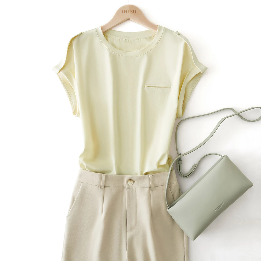IHIMI/海谧设计感上衣25夏新款女装时尚百搭纯色简约袖口翻边T恤