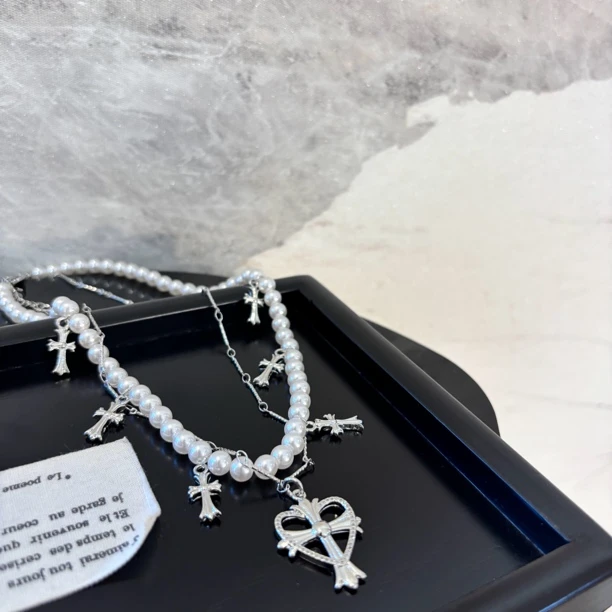 铜合金仿珍珠项链 双层爱心十字zz项链XL3263