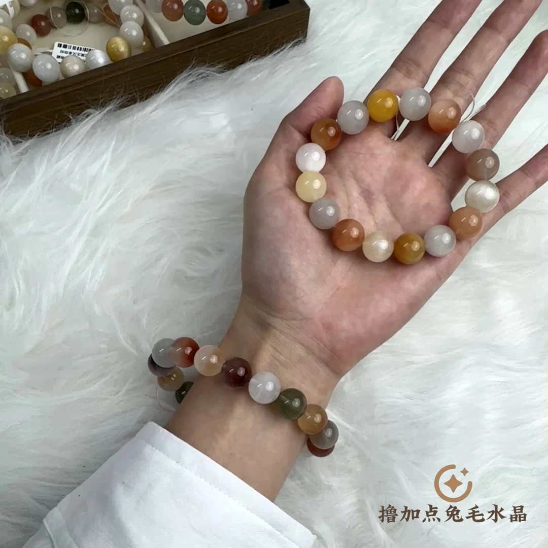 天然兔毛水晶透闪爆闪拉丝彩兔白兔猫眼顺发满顺冰透糖果色手串