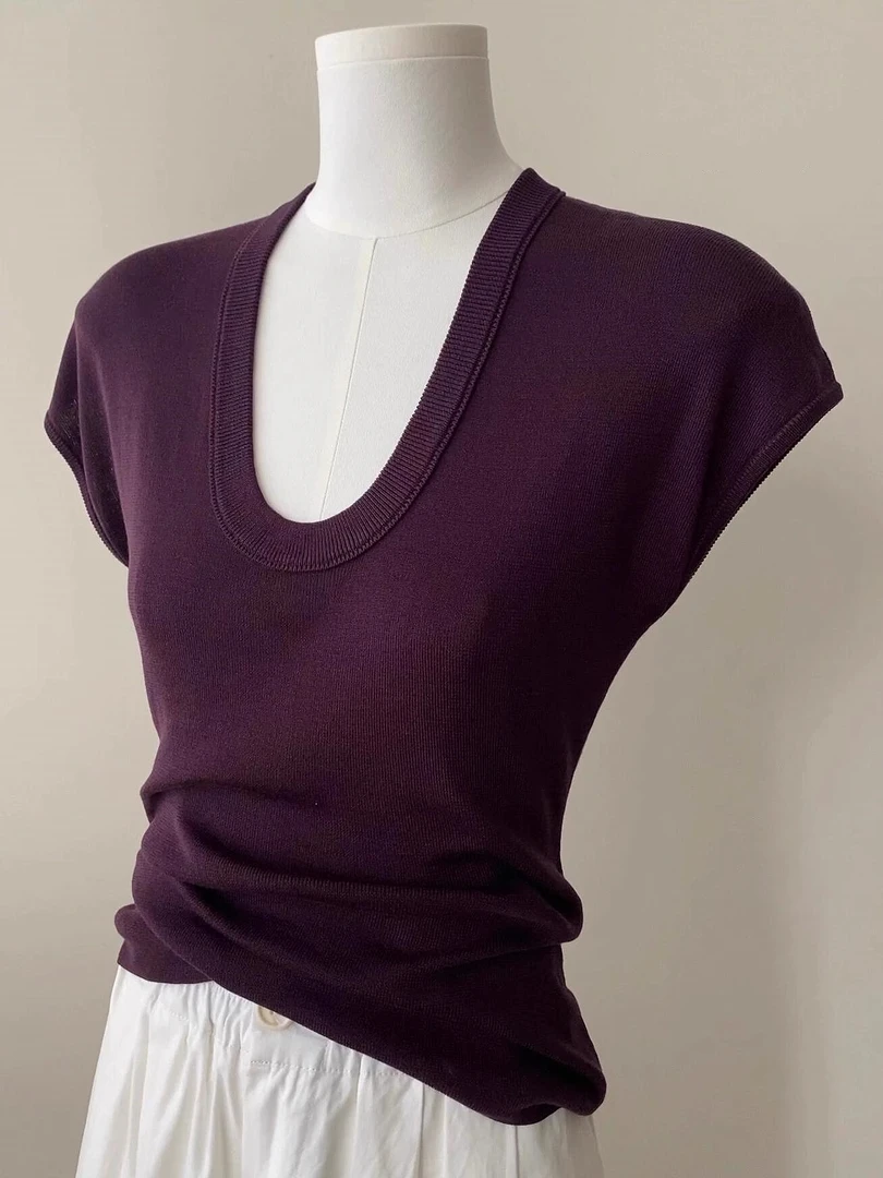 紫色u领针织正肩短袖t恤女薄款夏季洋气独特别致修身显瘦上衣