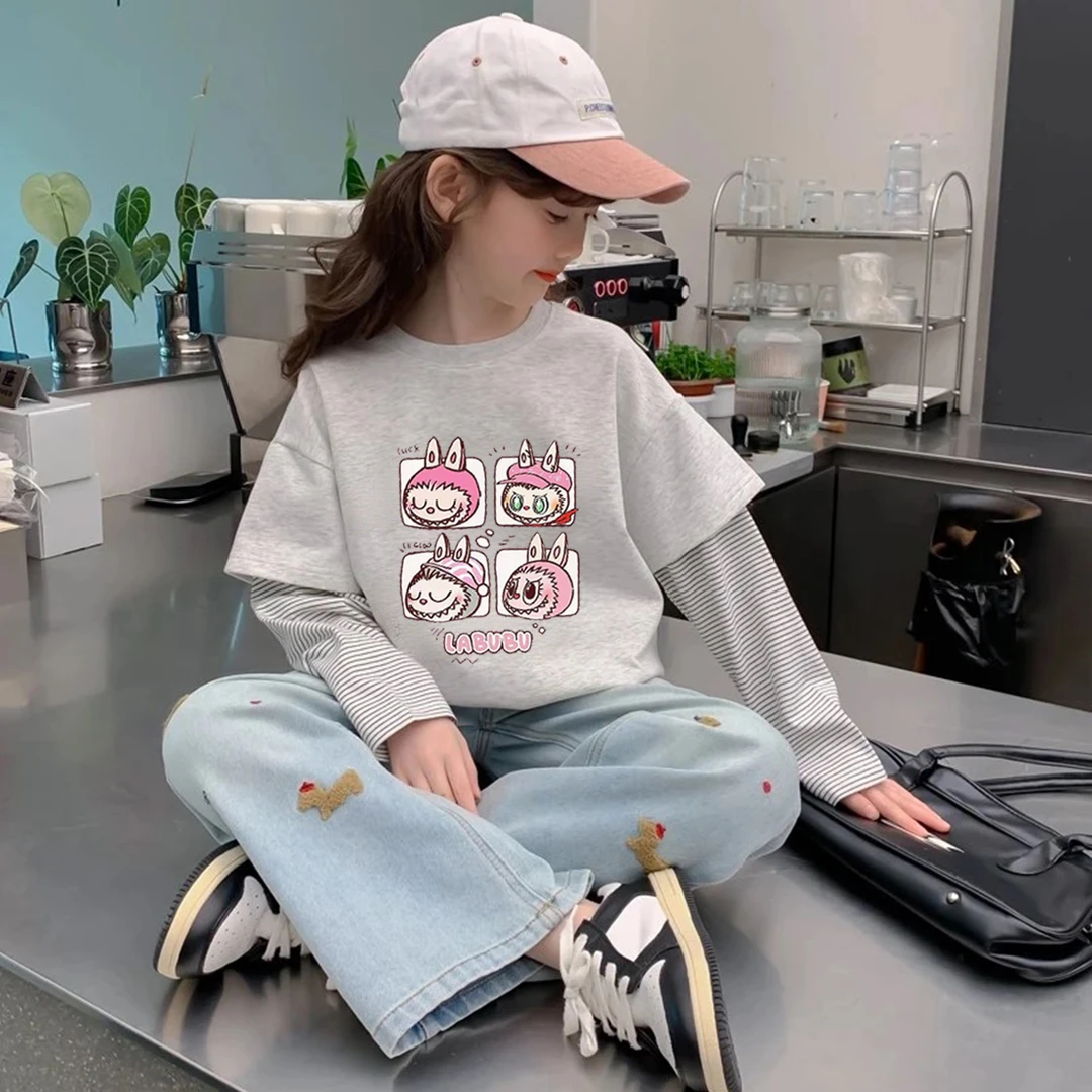 女童春秋装纯棉长袖t恤2025新款中大童洋气印花上衣儿童拼色童装T