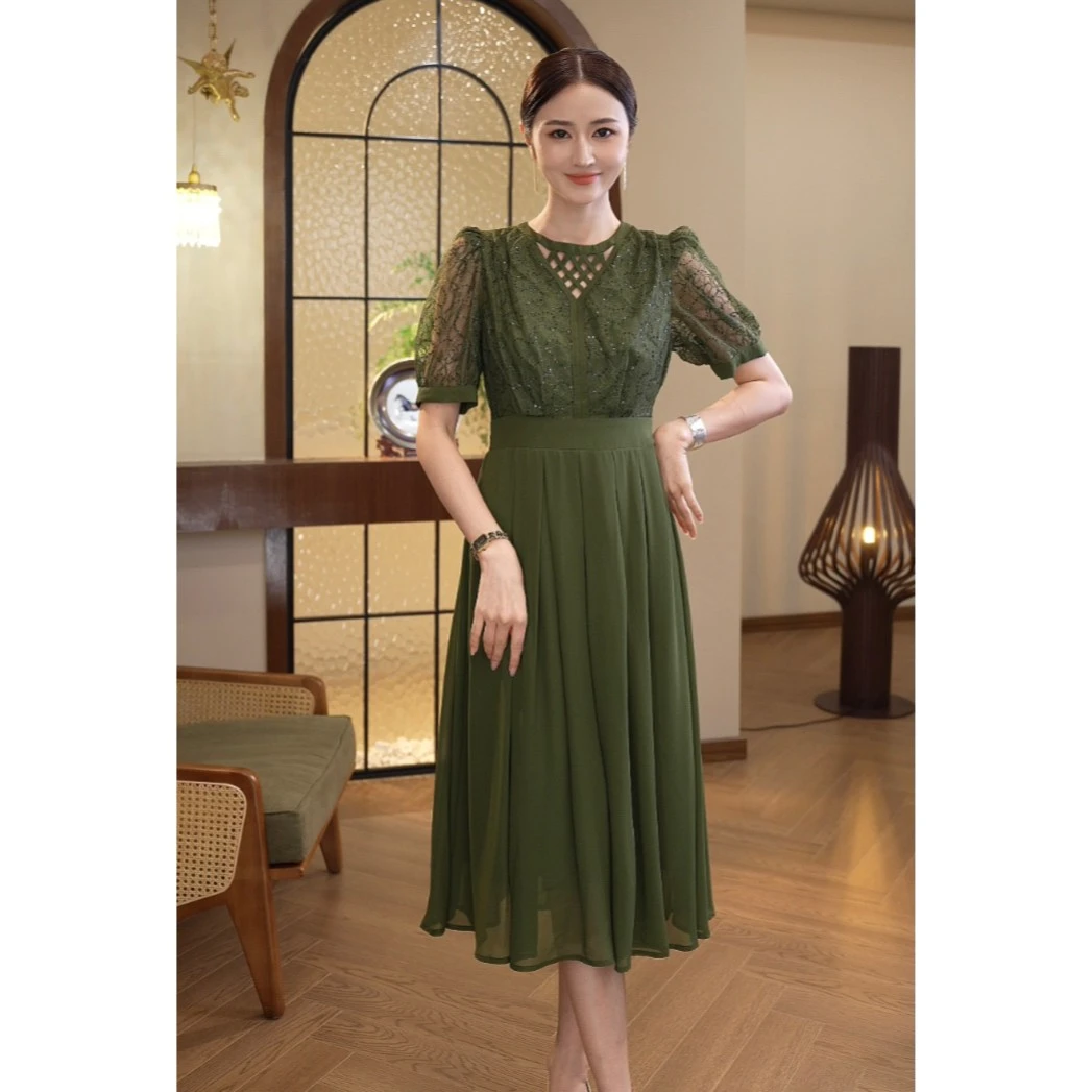 现货2025年夏季新款【DD-X25103】轻奢绿色气质蕾丝显瘦优雅法式裙