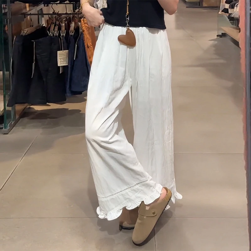 大码胖mm巨遮肉显瘦阔腿裤女夏季薄款2025年新款刺绣花边休闲裤子
