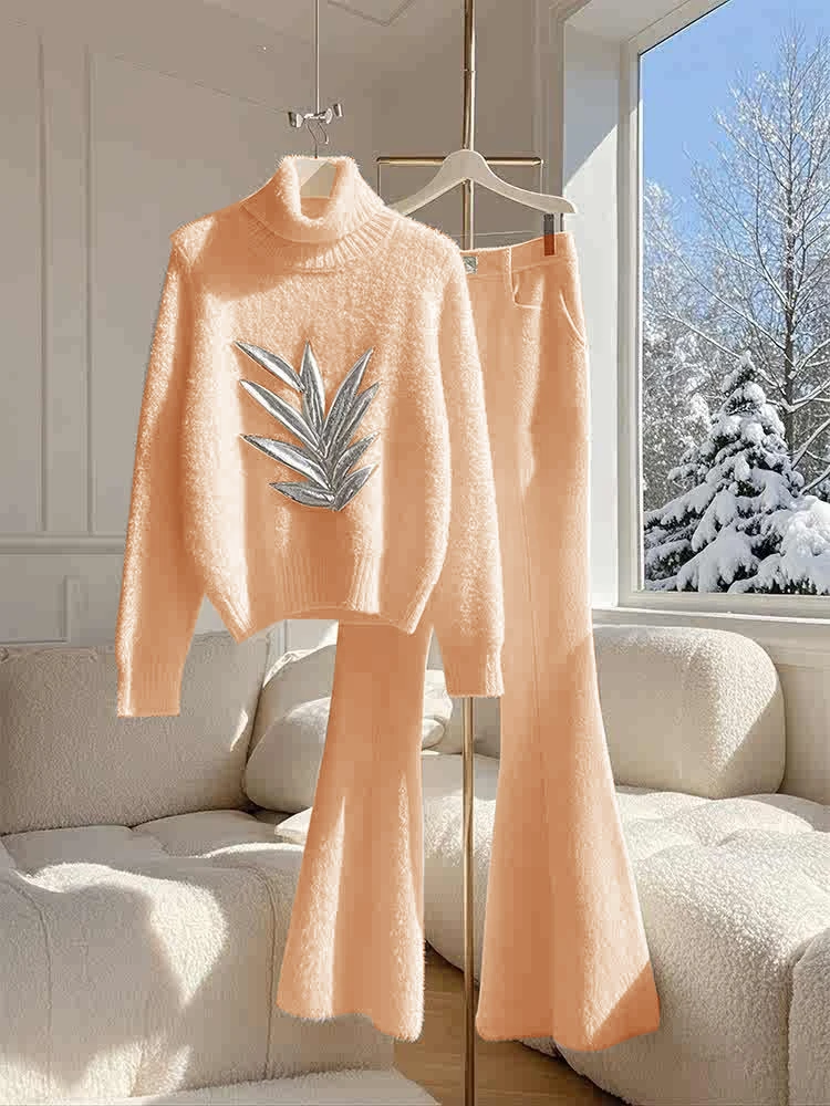 一整套冬季穿搭小个子高端独特好看橘色百搭显瘦毛衣长裤休闲套装