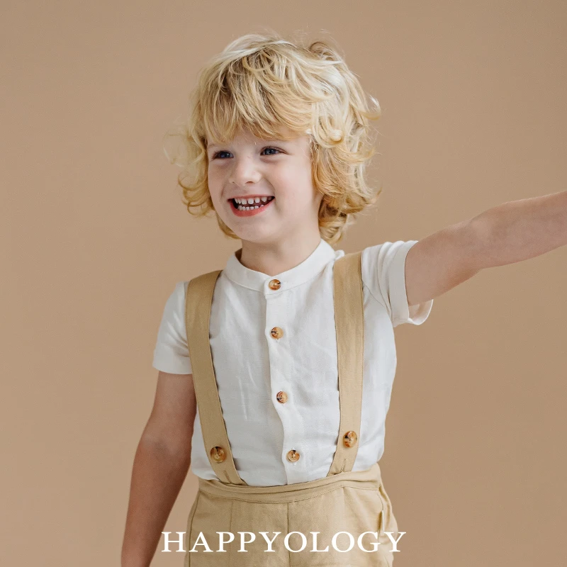 Happyology英国儿童撞色童装扣半开襟衬衣男童夏季女童短袖白衬衫