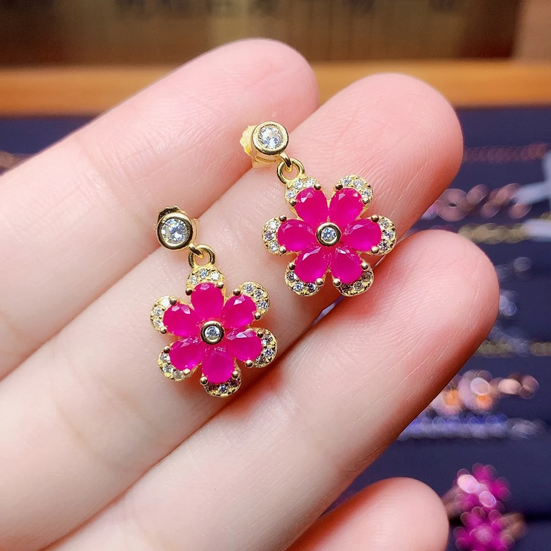 耳饰银S925镶嵌红宝石琴*