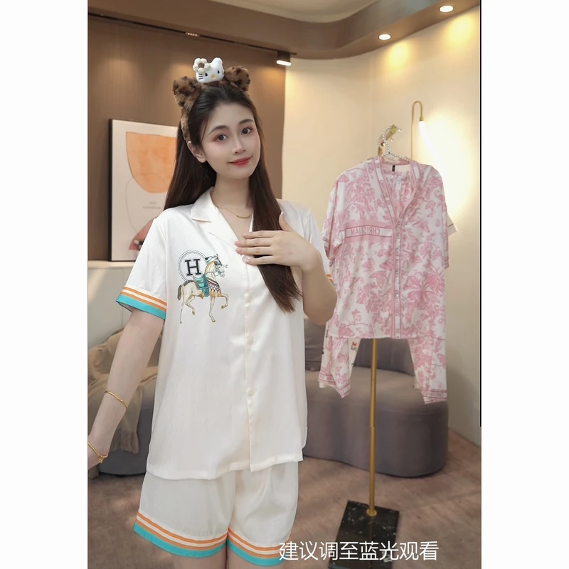 【秀秀家】夏季上新《爱玛》丝质高定短袖长裤睡衣家居服套装