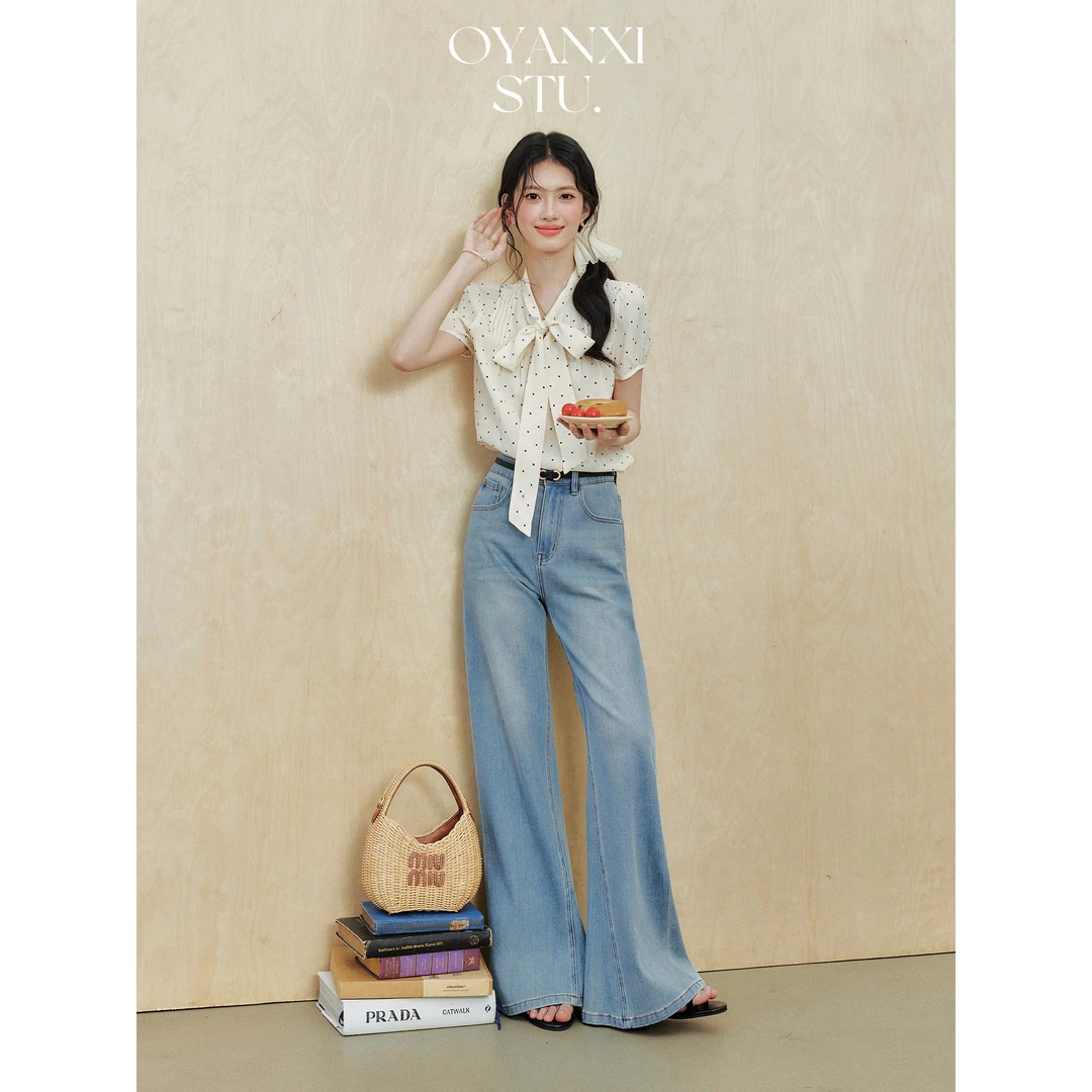 【OYANXI！清！】波点主义复古波点短袖T恤女蝴蝶结飘带v领上衣女夏