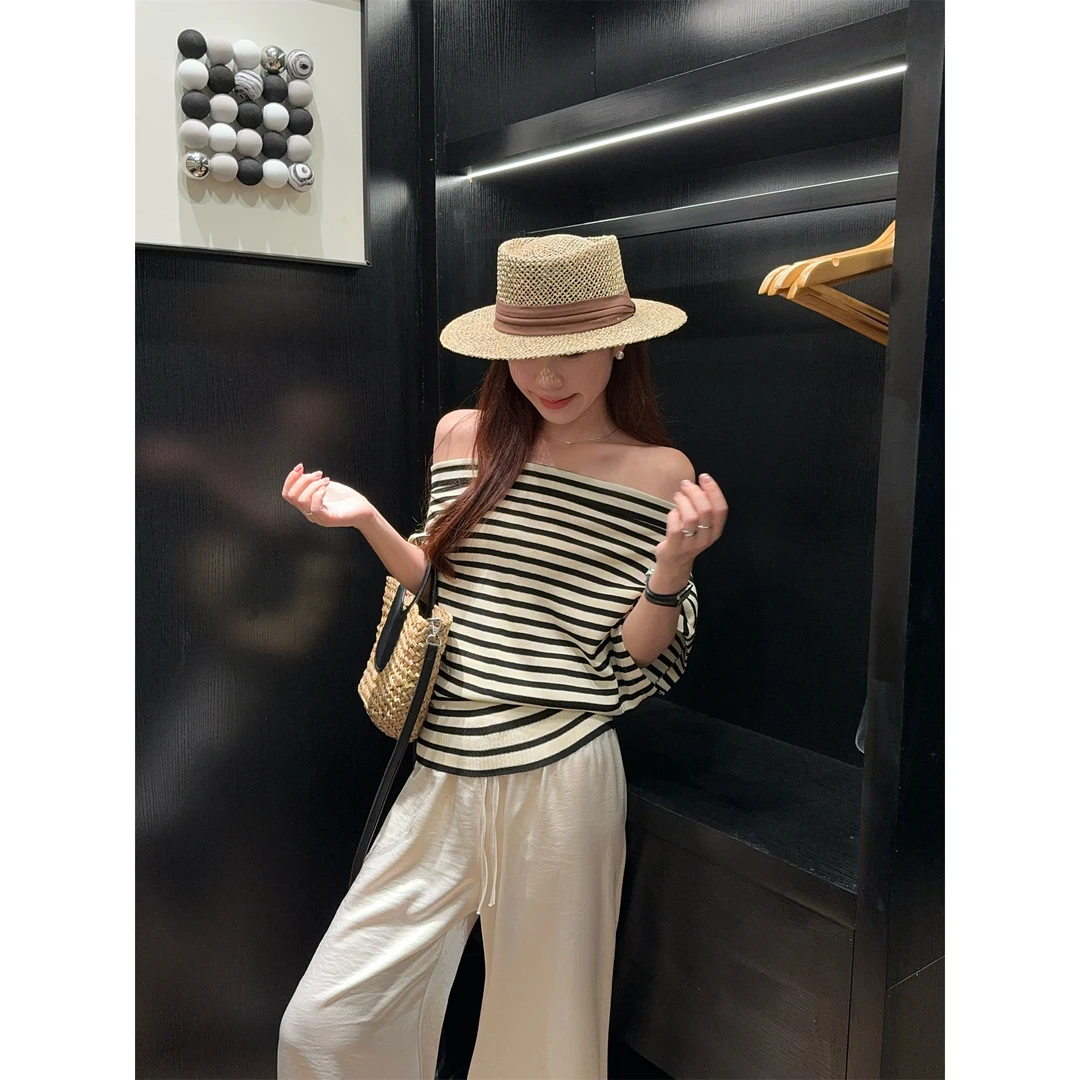 实拍实价~甜辣斜肩条纹蝙蝠袖短袖上衣+垂感松紧腰香槟裤条纹