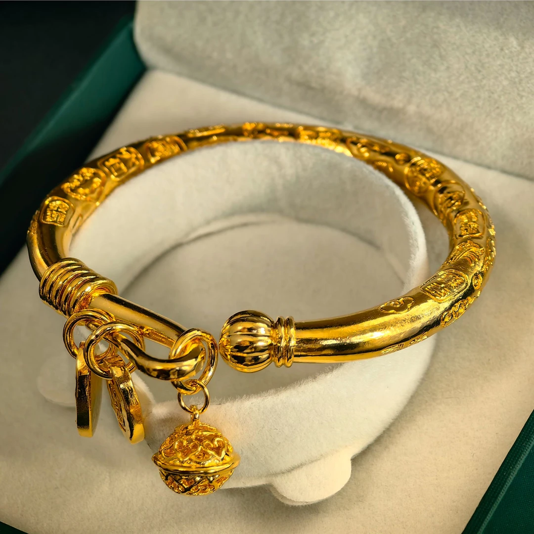 足银手镯 绕丝南瓜宫铃开口吉言镯子民族风挂铃铛吊坠纯手工