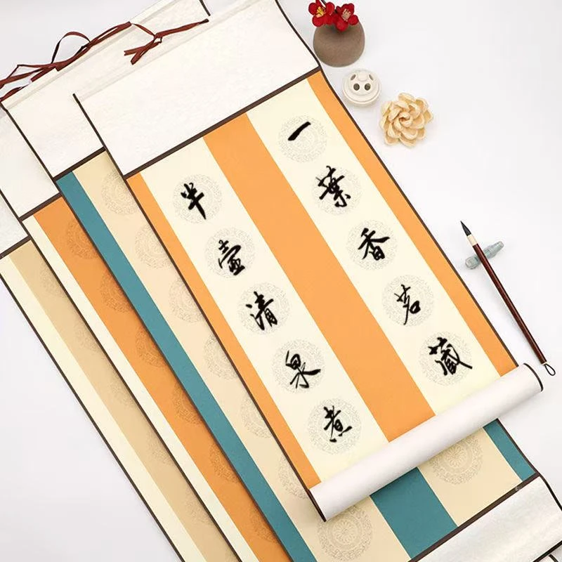 【双排七言蜡染瓦当宣纸挂轴-四尺四开】14字空白对联卷轴 半生熟