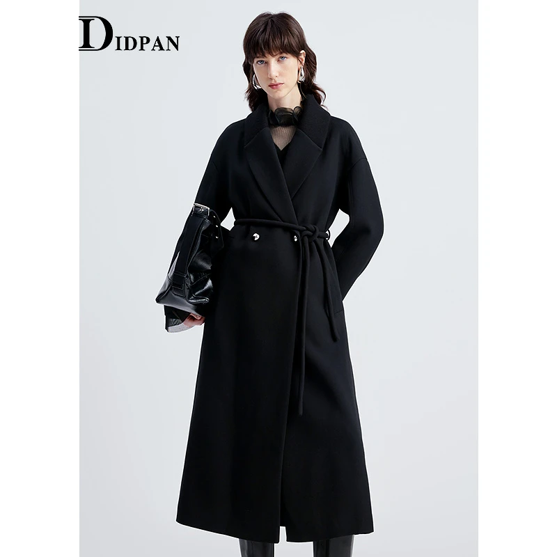 IDPAN秋冬浴袍式羊毛大衣女装同款包裹感长款毛呢外套D3F4D65226
