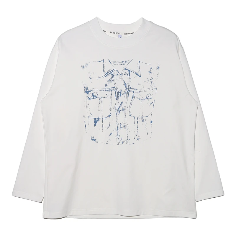 T483早春情侣款美式简约风个性印花休闲宽松圆领长袖T恤