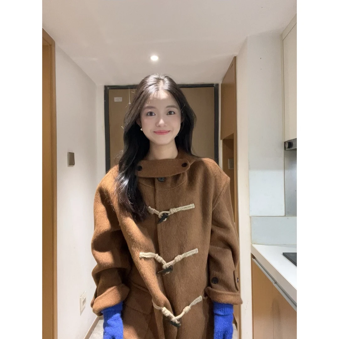 【牛角扣大衣】韩系复古牛角扣连帽宽松长款大衣