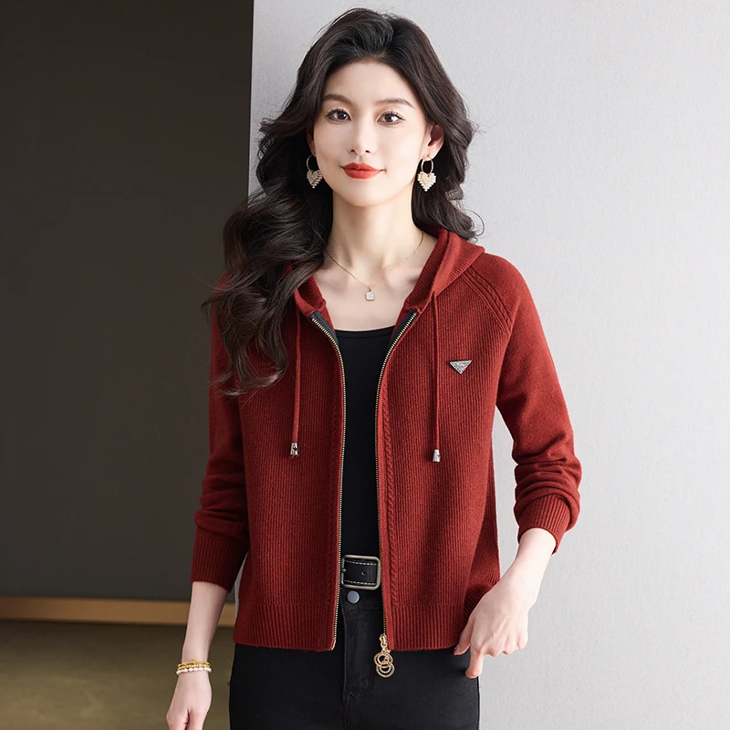 轻奢洋气时髦连帽休闲外套女宽松短款春秋长袖针织开衫外搭