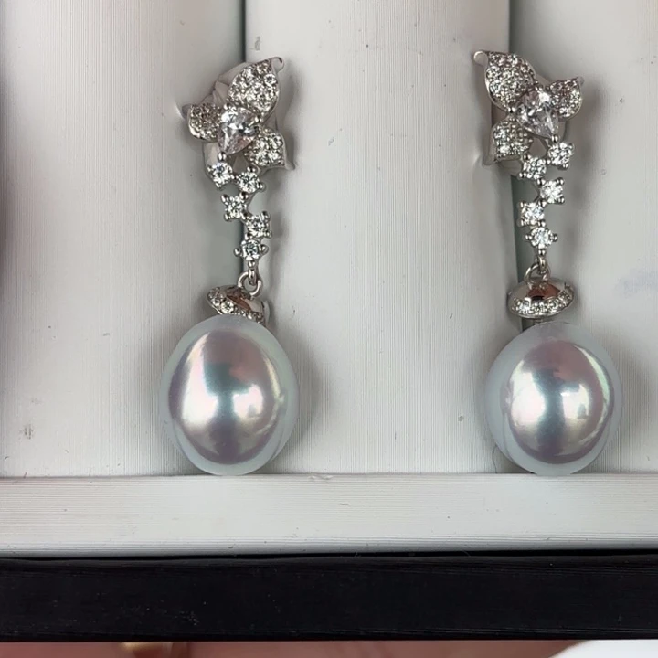 定制海水珍珠银S925镶嵌耳饰10.6-10.8mm澳白两颗