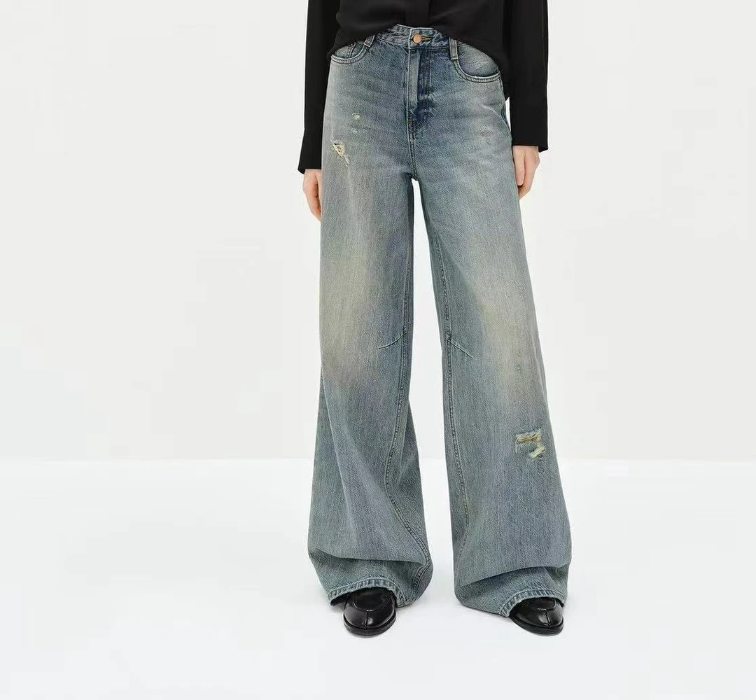 『朱小姐』新品棉中腰水洗烂边长裤  F869