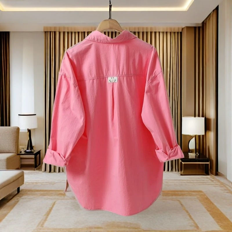 玫红色中长款纯棉衬衣女春秋季新品时尚宽松长袖衬衫薄款外穿上衣