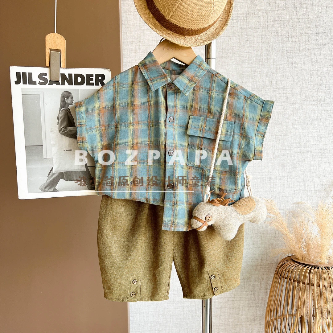 现货啵小爸【蒸汽经纬】2025夏季男童韩系休闲格纹设计短袖衬衫套装