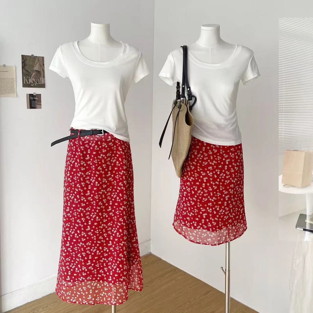 韩式复古红色小碎花半身裙夏季新款休闲碎花收腰包臀半裙