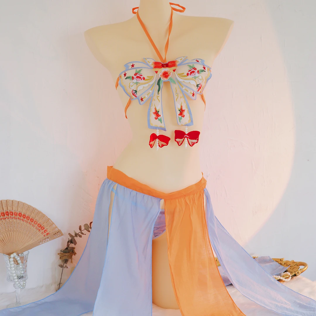 原创设计新款性感古风飘逸睡衣夏季中衣成人印花女装一片式战袍