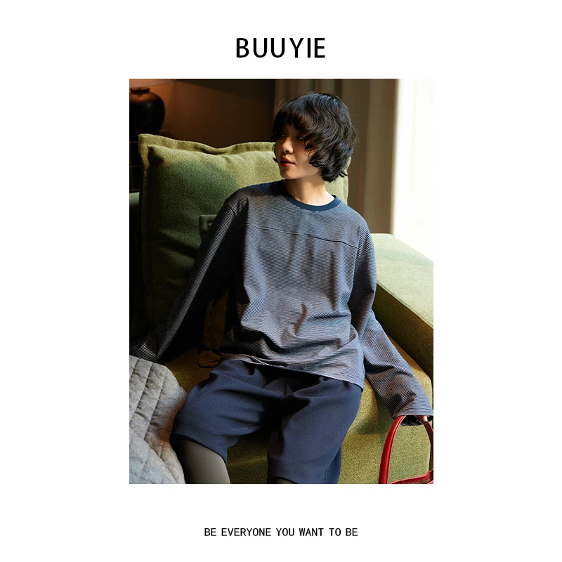 BUUYIE 25SS【知潼】极简风高级感藏青色条纹T恤 250908