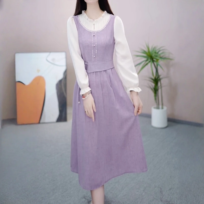 慵懒风拼接长袖连衣裙2025早秋爆款假两件百搭通勤显瘦收腰上衣潮