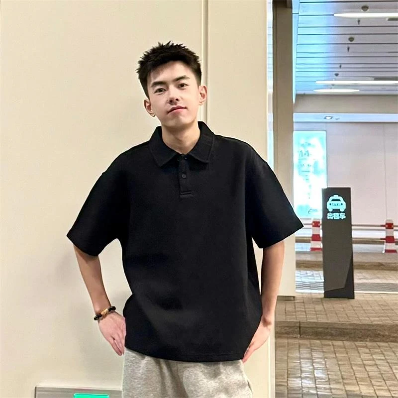 黑色翻领短袖男士polo衫成熟稳重穿搭衬衫领t恤美式正肩痞帅半袖