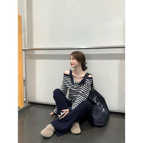 韩系条纹甜辣风一字肩长袖t恤女秋季假两件气质纯欲慵懒风女装
