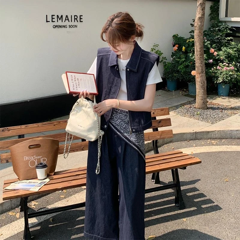 欧货T恤搭配牛仔马甲阔腿裤套装女2025夏季新款设计感穿搭一整套