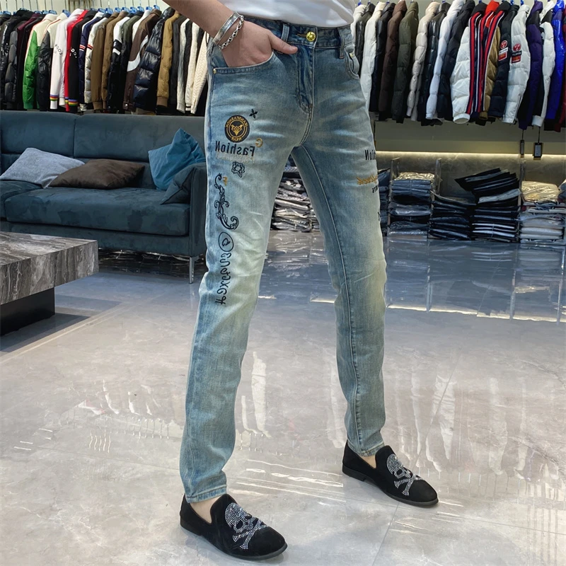 【也许家】新品男士夏季刺绣工艺印花修身弹力牛仔裤休闲长裤TH5251