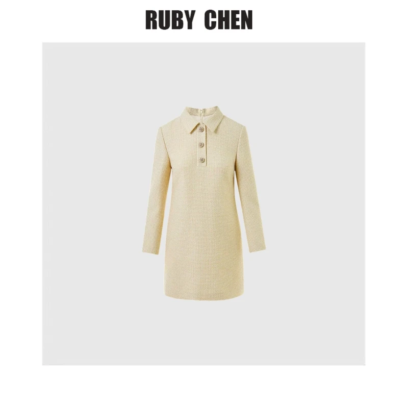 ruby~翻领粗花呢polo领收腰小香风连衣裙女