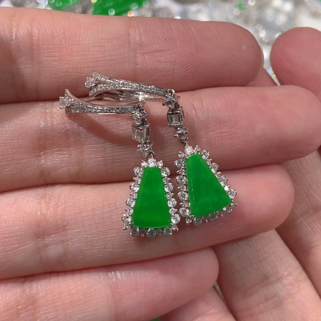 翡翠18K金镶嵌耳饰天然缅甸A货翡翠