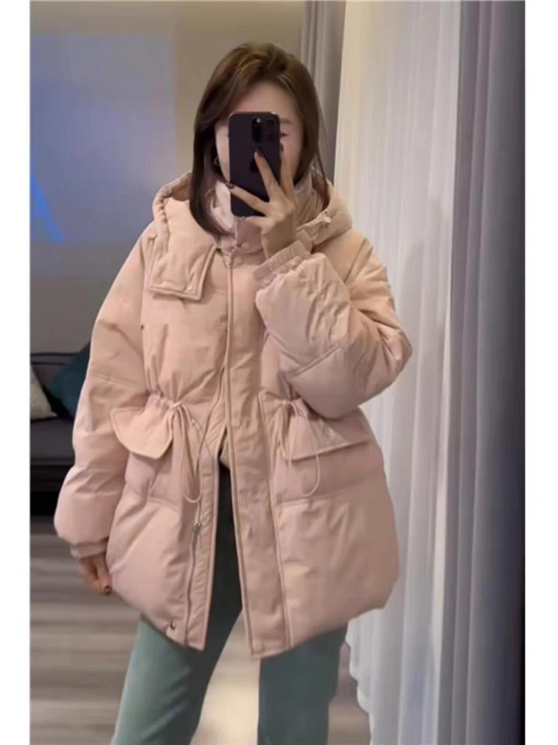 021粉色韩版宽松收腰气质连帽加绒加厚外套
