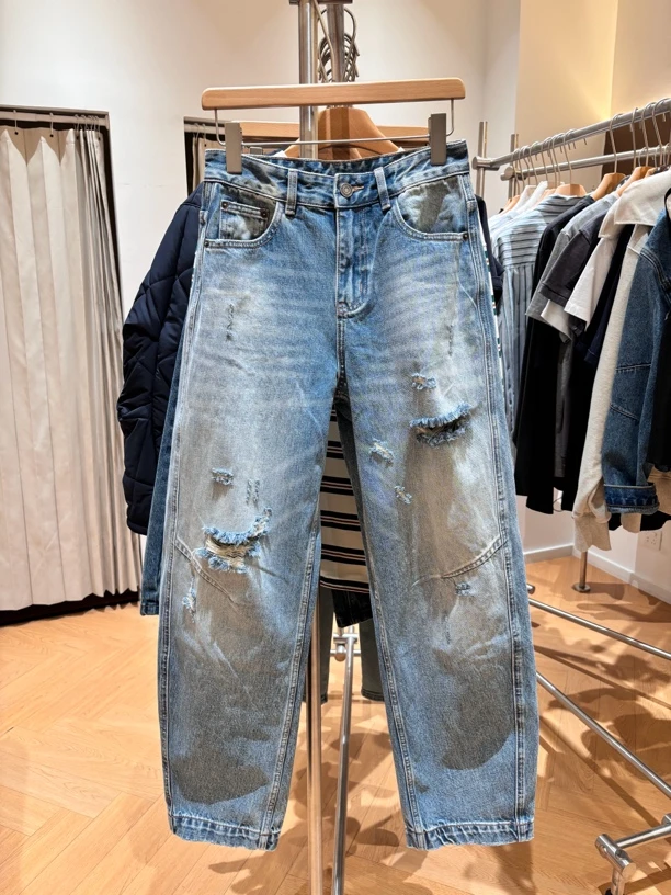 0026慵懒感破洞老爹宽松洗水纯牛仔裤