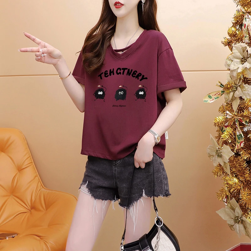 纯棉卡通V领短袖T恤女夏季韩版小个子宽松时尚减龄显瘦半袖上衣