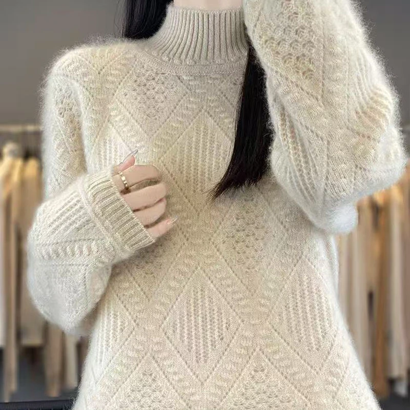 半高领镂空钩花针织打底衫女2025新款春秋内搭大码女装秋冬季毛衣