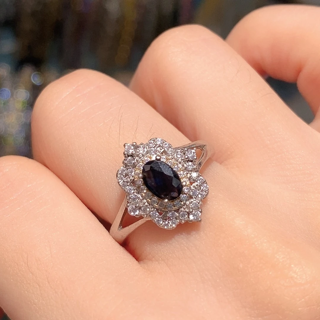 蓝宝石戒指银S925镶嵌天然