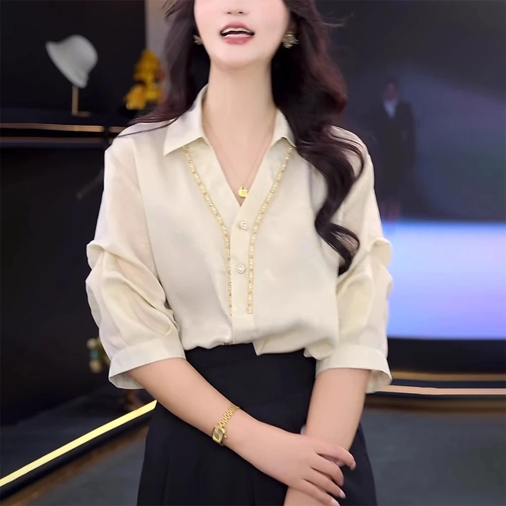 v领短袖衬衫女2025夏季新款时尚洋气轻奢高级感重工钉珠气质上衣