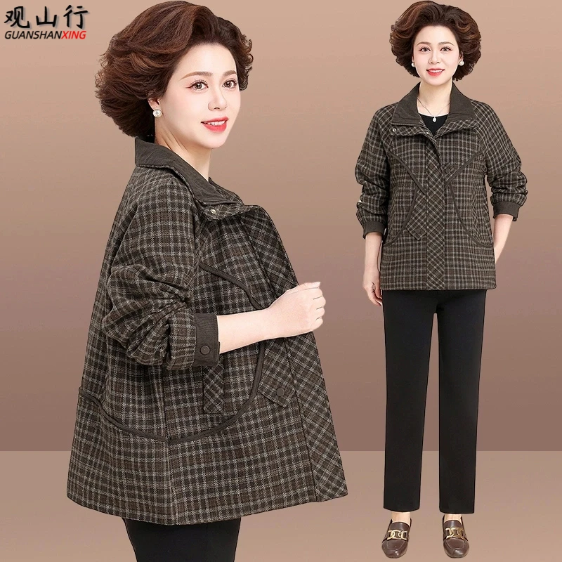 气质妈妈中老年2025初春洋气时尚外套格纹小翻领减龄显瘦上衣女款