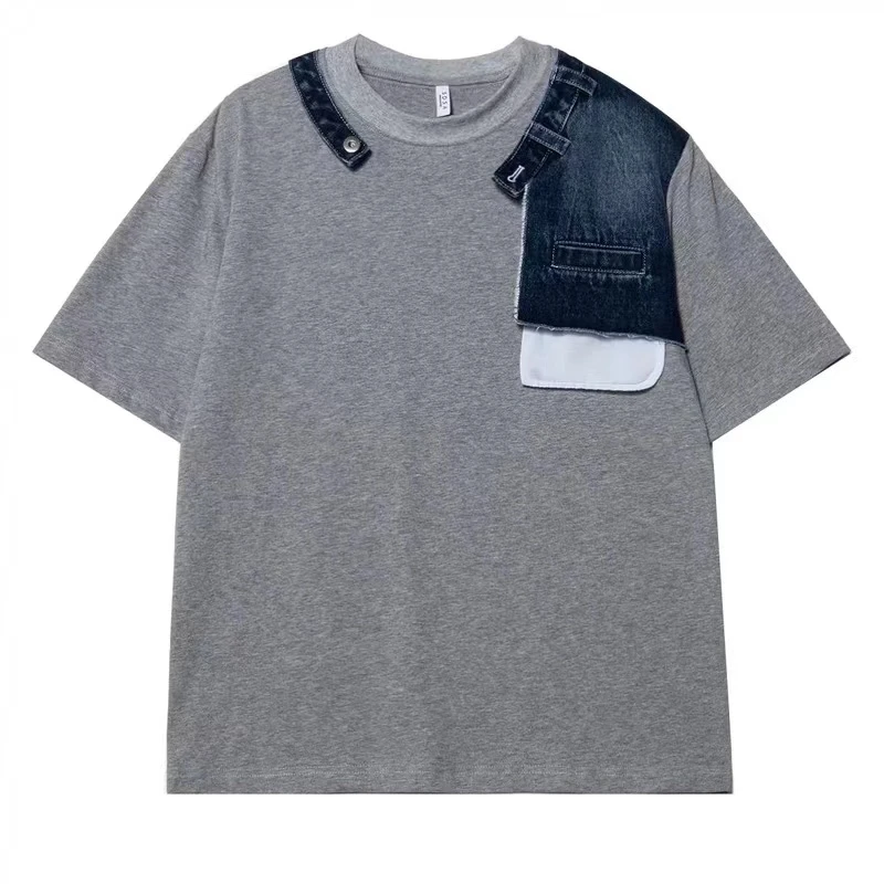 T217时尚休闲情侣夏季复古宽松圆领美式运动假两件T恤黑色百搭