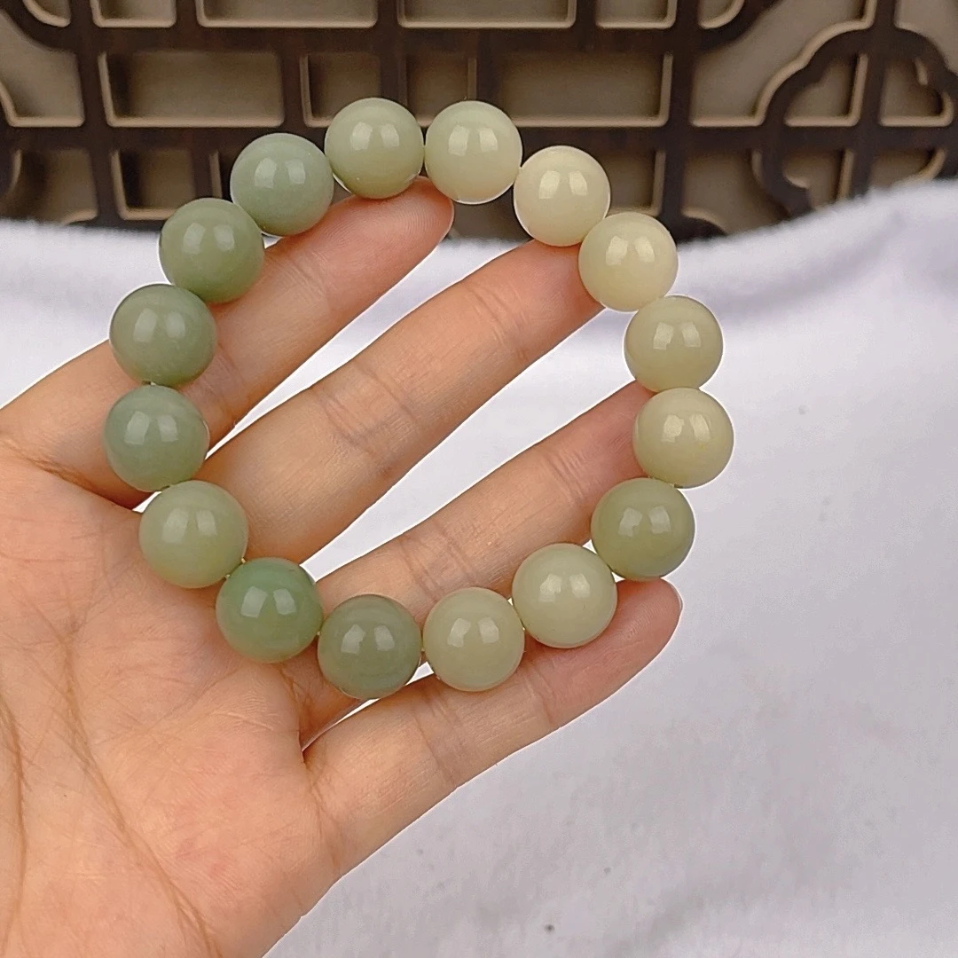【T02】12mm绿色渐变圆珠单圈手串菩提根手串